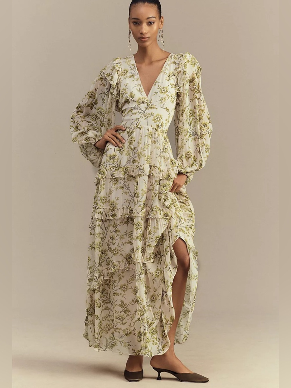 BHLDN Liana Printed V-Neck Long-Sleeve Maxi Dress